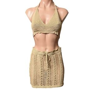 Valen Clothes Tan Knit Textured 2 Piece Mini Skirt & Top Set